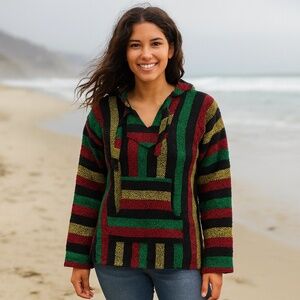 Women’s Baja Hoodie Pullover Striped Boho Surf Poncho XS/S Rasta Colors